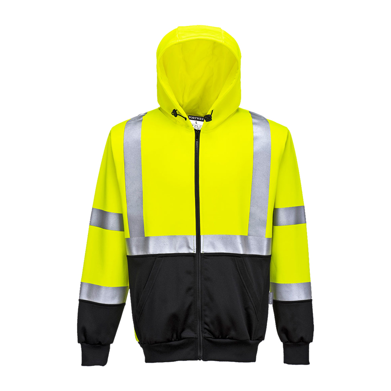 PortWest Warnschutz-Kapuzenjacke in Gelb-Schwarz, vorne mit Reißverschluss und reflektierenden Streifen für hohe Sichtbarkeit