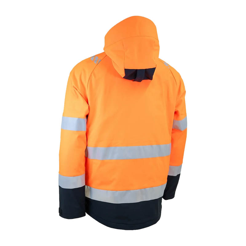 Dimex 6202R Warnschutz SoftShell Jacke EN 20471 Klasse 2, orange mit Reflexstreifen und Kapuze, Rückansicht