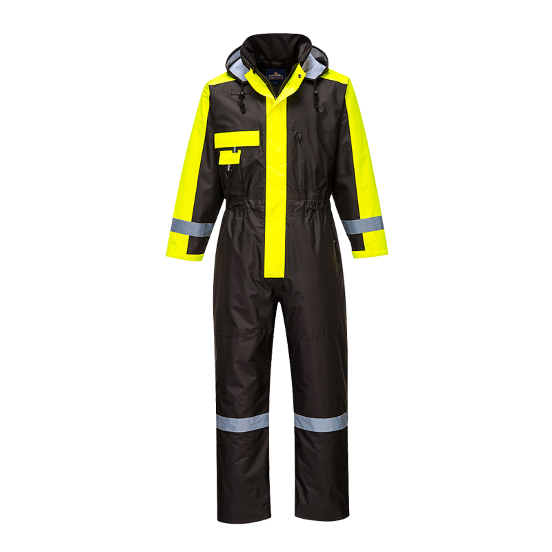 PortWest Warnschutz-Overall in Schwarz-Gelb, wasserdichter Arbeits-Overall mit Kapuze und Reflexstreifen