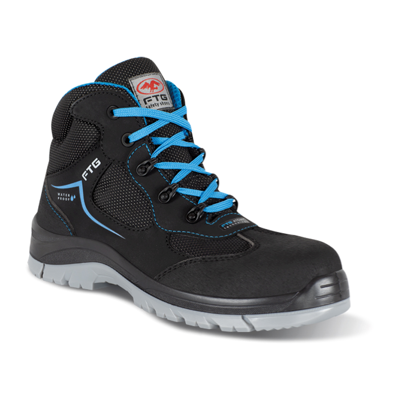 FTG Galaxy S7S Winter Sicherheitsstiefel metallfrei, hoher schwarzer Sicherheitsstiefel aus Nubukleder mit blauen Schnürsenkeln, wasserabweisend und robust für kalte, feuchte Arbeitsbereiche