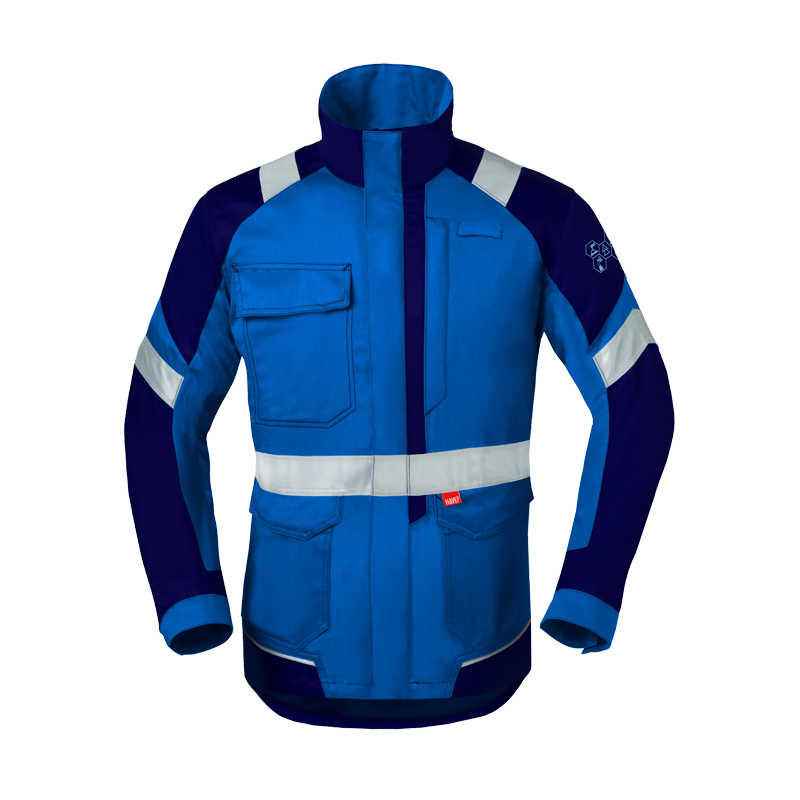 Frontansicht der HaVeP 5Safety Image+ 50292 MultiNorm Jacke APC2 in Blau mit dunklen Einsätzen, Stehkragen, Taschen und Reflexstreifen