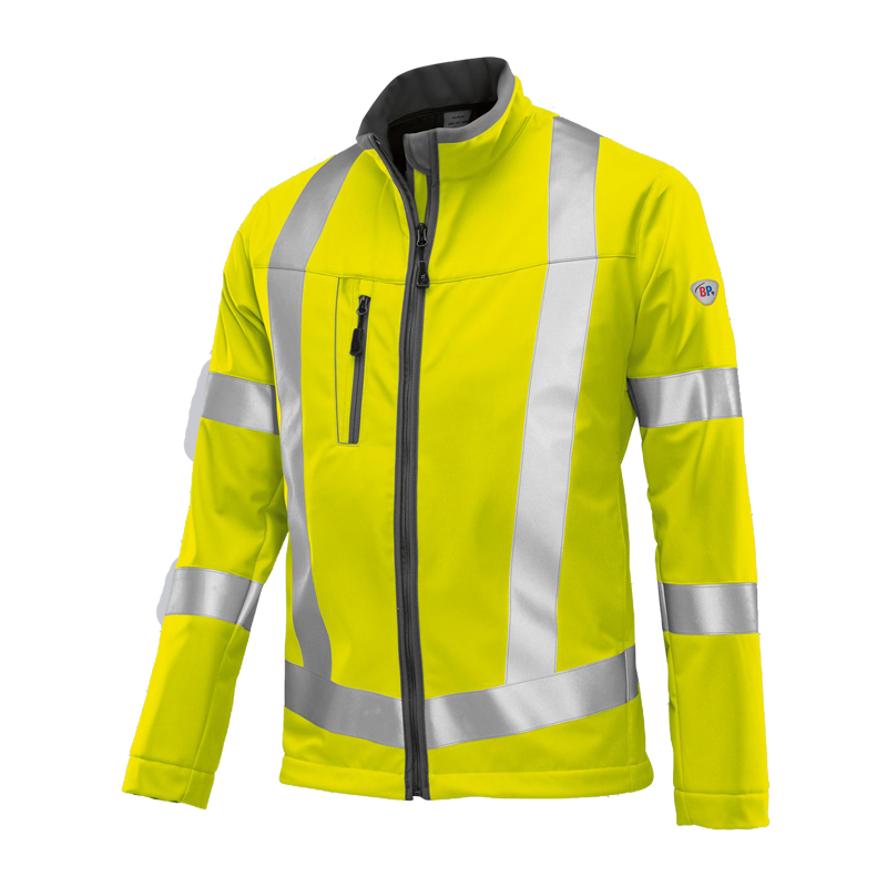 BP 2121 Warnschutz Softshell Jacke Klasse 3 von BP Bierbaum Proenen, gelbe Arbeitsjacke mit durchgehenden Reflexstreifen und Brusttasche