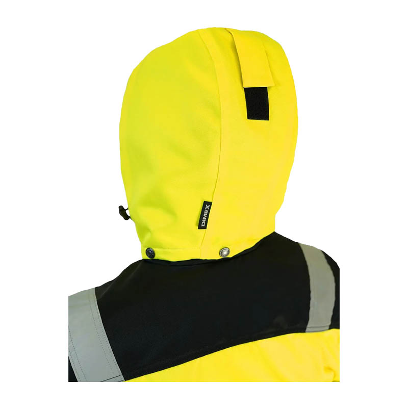Rückansicht der gelben Dimex 6239Y Warnschutz Kapuze, passend für die Modelle 61751 und 6203, befestigt an einer Warnschutzjacke