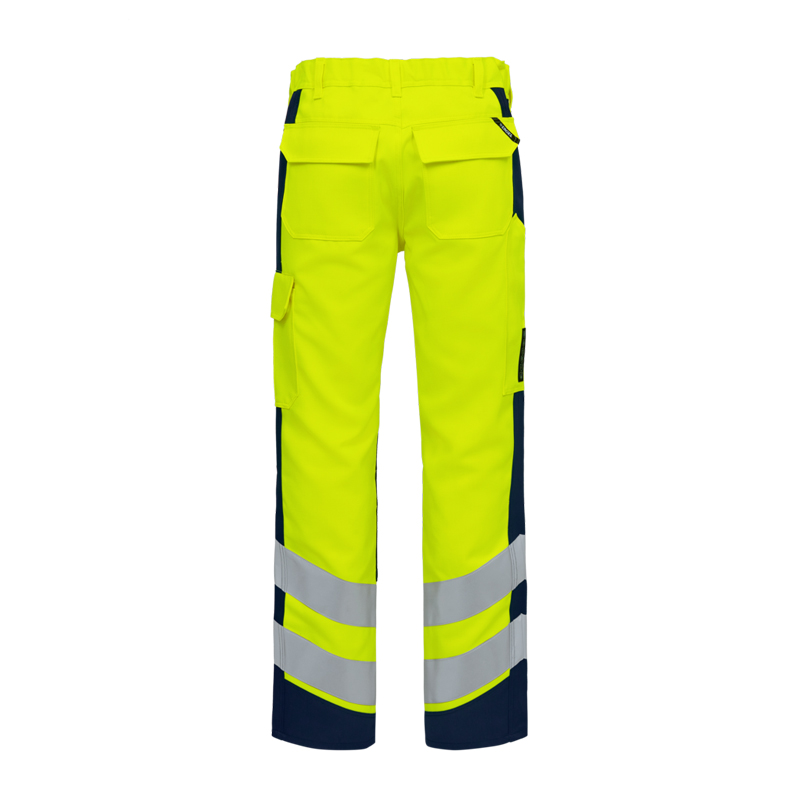 Rückansicht einer Engel Warnschutzhose in Neon-Gelb mit dunkelblauen Einsätzen, praktischen Taschen und reflektierenden Streifen für hohe Sichtbarkeit bei der Arbeit