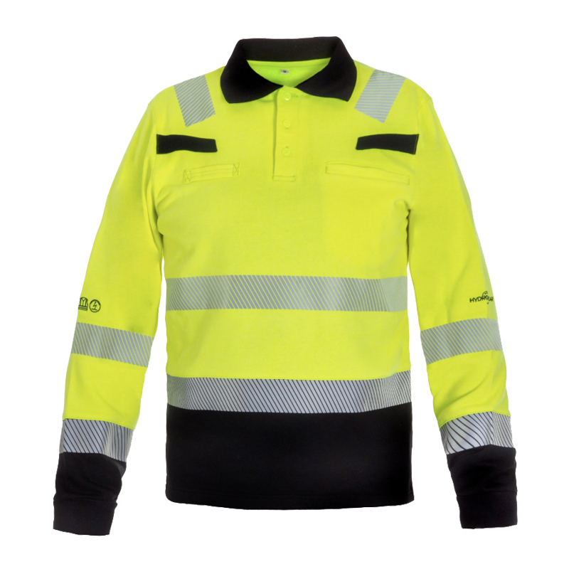 HydroWear Warnschutz-Poloshirt langarm in Neon-Gelb mit schwarzen Kontrasten, Kragen, Brusttaschen und umlaufenden Reflexstreifen