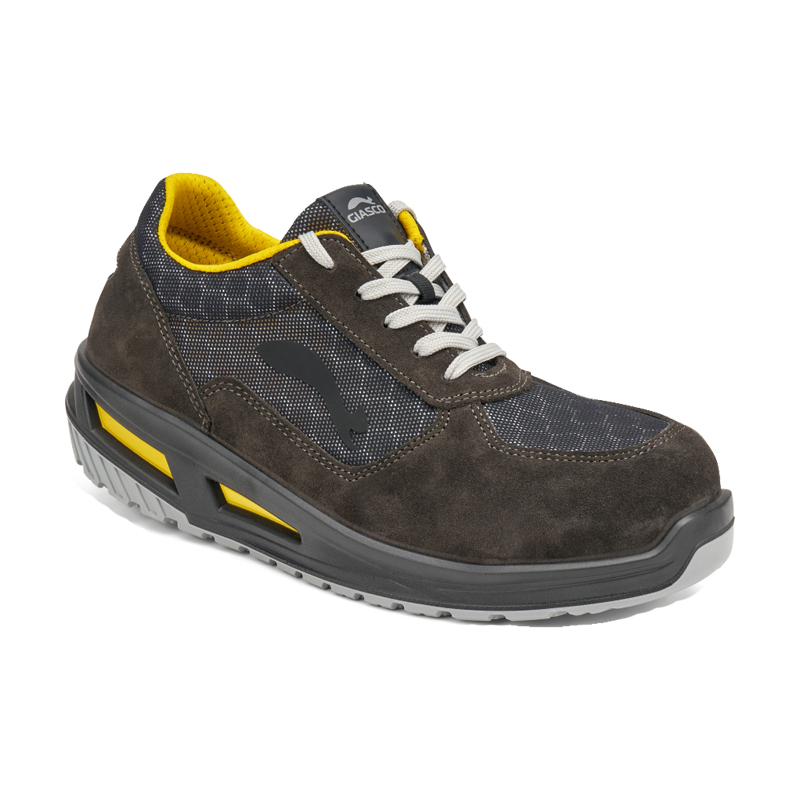 Giasco 3Move ESD Leopard S1P Sicherheitshalbschuh in Anthrazit mit gelbem Innenfutter, ergonomisch, metallfrei, ESD-fähig und mit rutschfester 3MOVE-Sohle