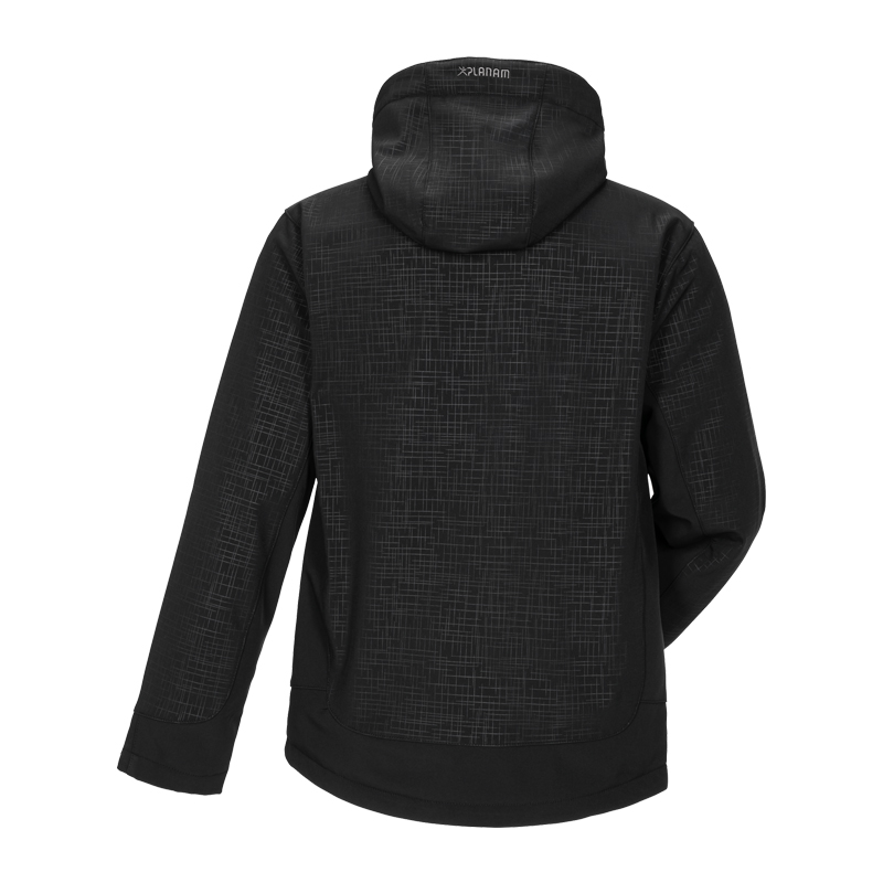 Rückansicht der schwarzen Planam Cube Softshelljacke mit Struktur und Kapuze, funktionale Arbeitsjacke mit modernem Design
