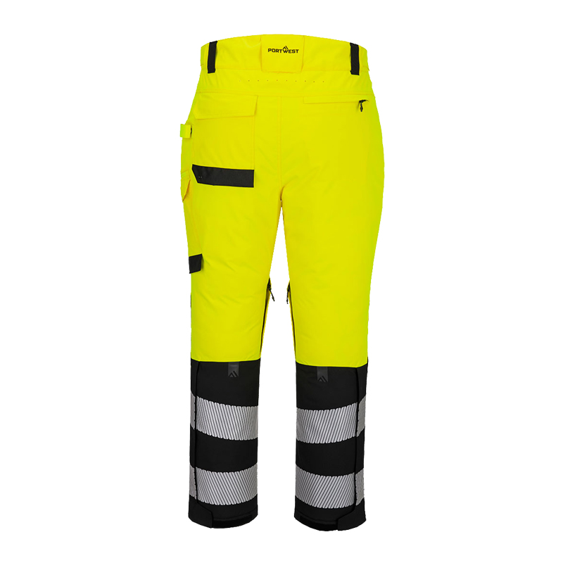 PortWest Warnschutzhose in leuchtendem Gelb und Schwarz mit reflektierenden Streifen, Rückansicht, robuste Arbeitshose für hohe Sichtbarkeit