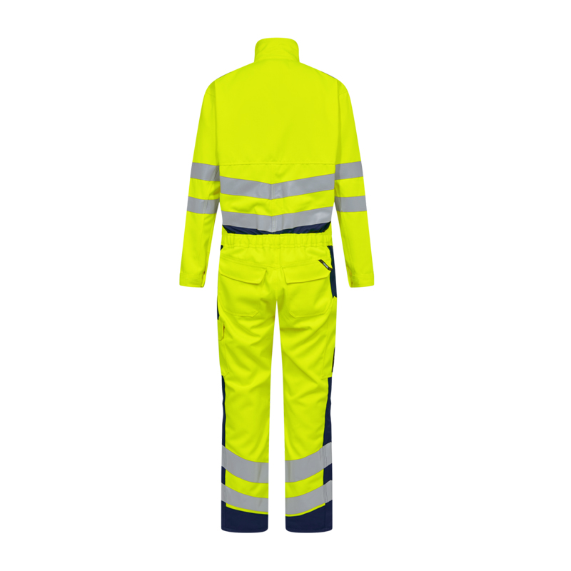 Rückansicht eines Engel Warnschutz-Overalls in Neon-Gelb mit Reflexstreifen an Armen, Rücken und Beinen, ideal als hochsichtbare Arbeitskleidung