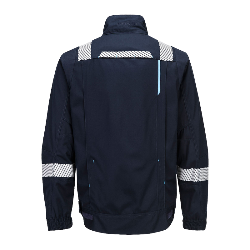 Rückansicht einer dunkelblauen PortWest Arbeitsjacke mit reflektierenden Einsätzen an Schultern und Ärmeln sowie Stehkragen