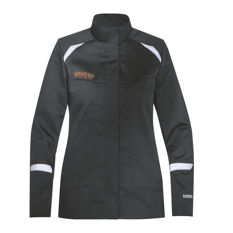 Frontansicht der Uvex suXXeed Arc Damen MultiNorm Jacke 4 kA + 7 kA APC2 in Schwarz mit Stehkragen und Reflexelementen