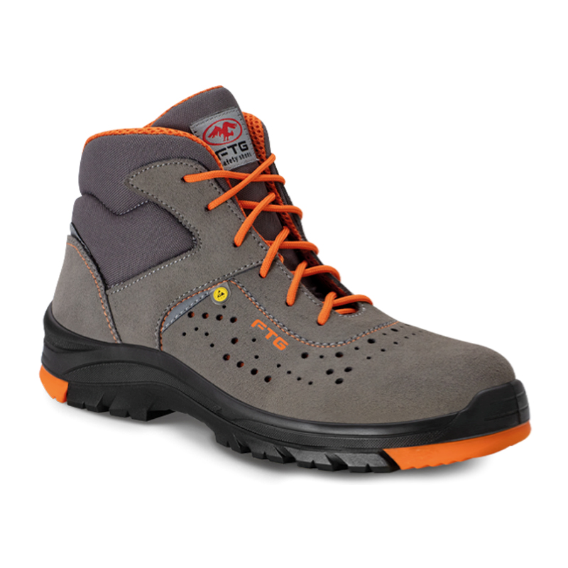 FTG Asteroid S1P ESD Sicherheitsstiefel metallfrei aus grauem Velourleder mit orangefarbenen Schnürsenkeln, hoher Schaft, Gemini Line
