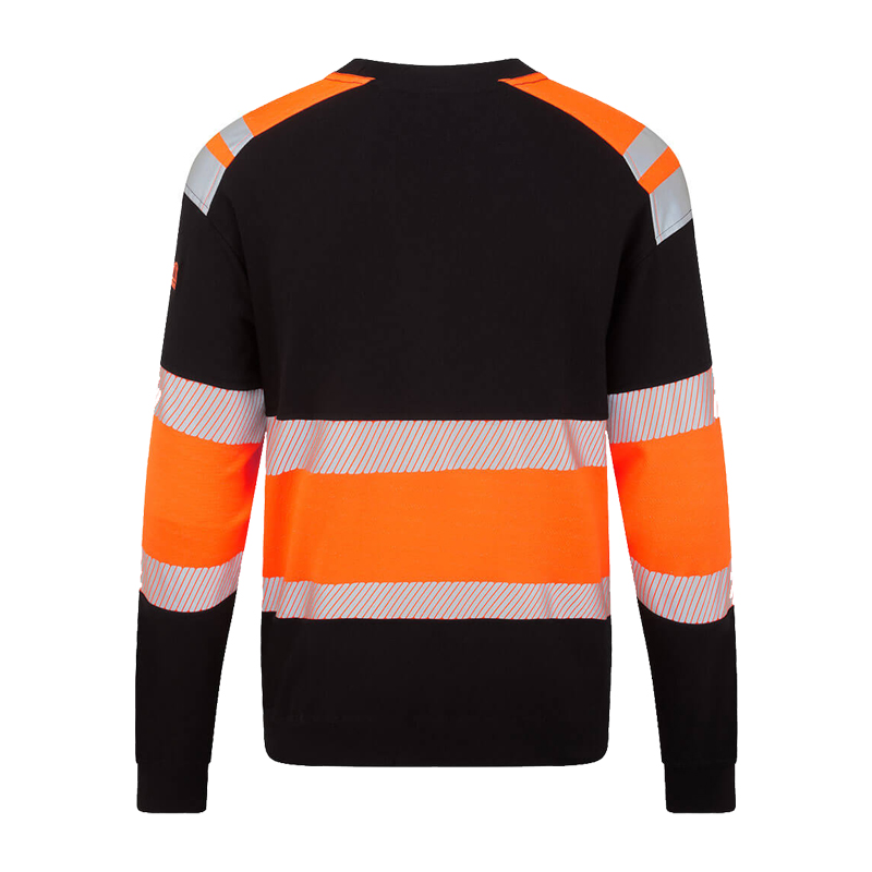 Rückansicht des PortWest FR737 ModaFlame FR Sweatshirt HVO, inhärent flammhemmendes Warnschutz-Sweatshirt Klasse 1 in Orange-Schwarz mit Reflexstreifen und Rundhalsausschnitt