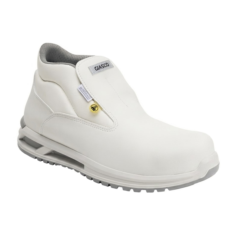 Weißer Giasco 3Hybrid ESD Minorca Hygiene-Sicherheitsstiefel S2, knöchelhoch, metallfrei, mit waschbarem Microwash-Obermaterial und stark dämpfender PU-Sohle für feuchte Hygienebereiche