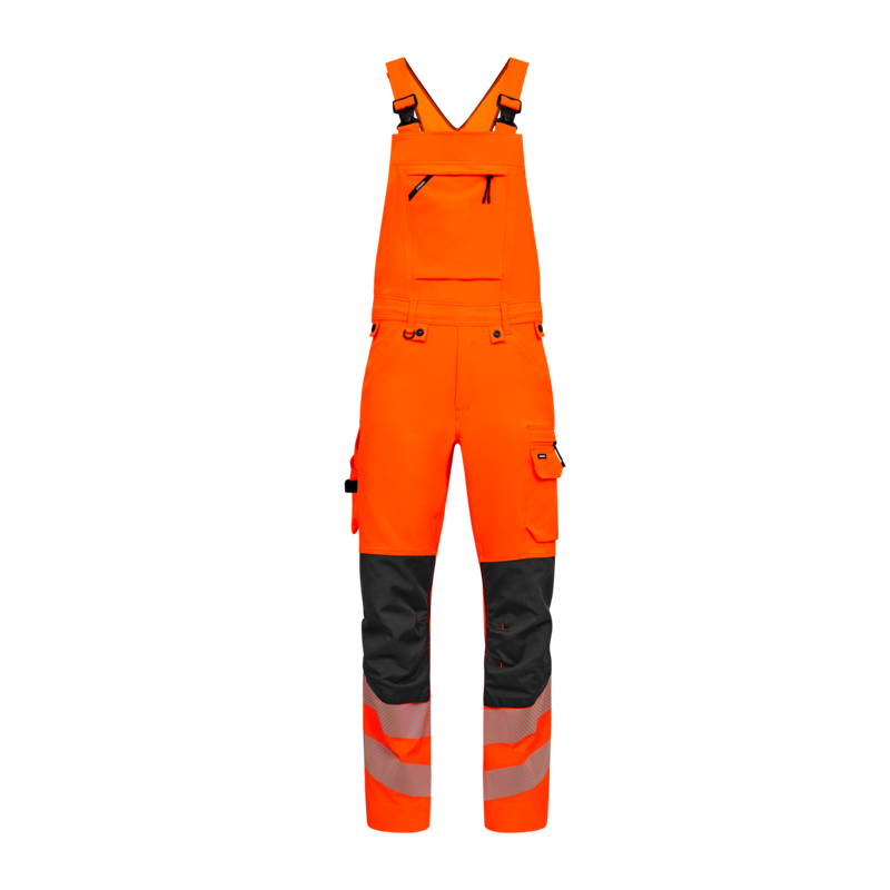 Engel Warnschutz-Latzhose in leuchtendem Orange mit Reflexstreifen, Brusttasche, Seitentaschen und verstärkten Kniebereichen