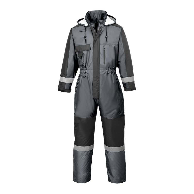PortWest Arbeits-Overall in Grau und Schwarz mit Kapuze, Frontreißverschluss, Taschen und Reflexstreifen für sichtbare Schutz- und Arbeitsbekleidung