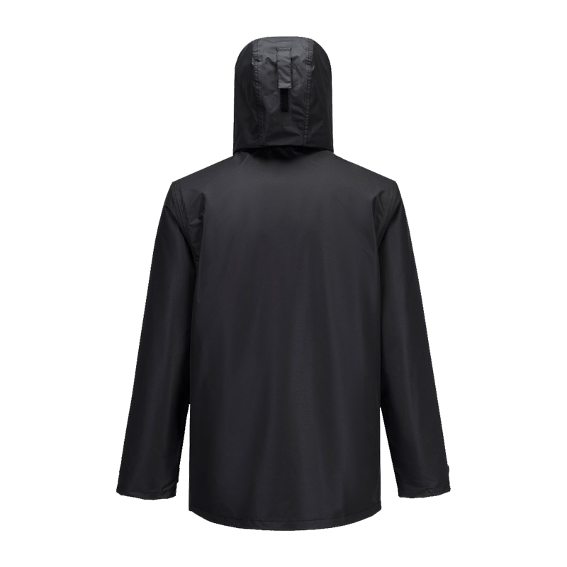 Rückansicht einer schwarzen PortWest Regenjacke mit Kapuze, leichte wasserdichte Outdoor- und Arbeitsjacke