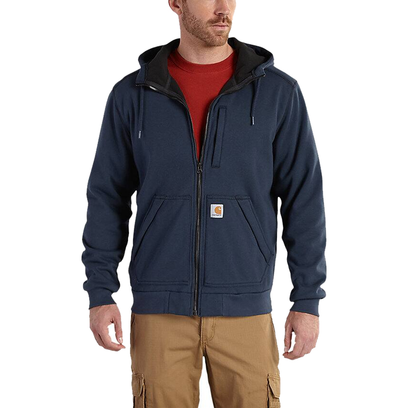 Herren tragen Carhartt 101759 Wind Fighter Sweat-Jacke in Dunkelblau, wind- und wasserabweisend, mit Kapuze und Reißverschluss