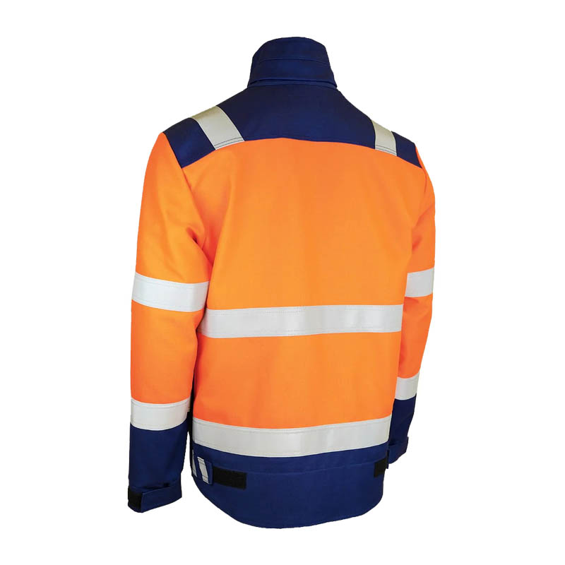 Rückansicht der Dimex 6446B MultiChem Warnschutz Jacke, 6-fach zertifiziert, in Orange-Blau mit Reflexstreifen für hohe Sichtbarkeit bei anspruchsvollen Arbeitsbedingungen