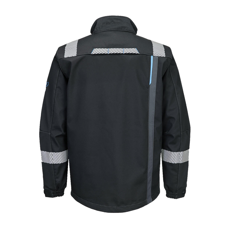 Rückansicht einer schwarzen PortWest Arbeitsjacke mit grauen Reflexstreifen an Schultern und Ärmeln sowie blauen Kontrastdetails
