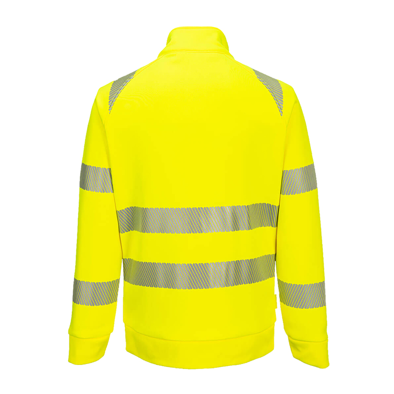 Rückansicht einer gelben PortWest Warnschutzjacke mit umlaufenden Reflexstreifen an Rumpf, Ärmeln und Schultern