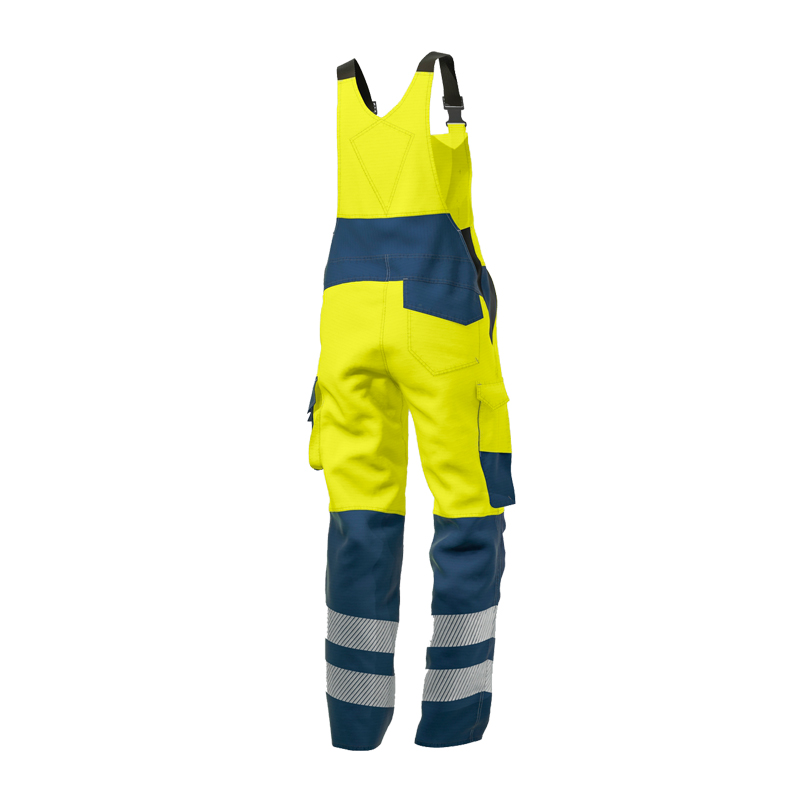 BP Bierbaum Proenen BP 2207 Hi-Vis MultiNorm Latzhose extra leicht 4 kA APC1 in Gelb/Marine, Warnschutz-Latzhose mit Reflexstreifen und Taschen, Rückenansicht