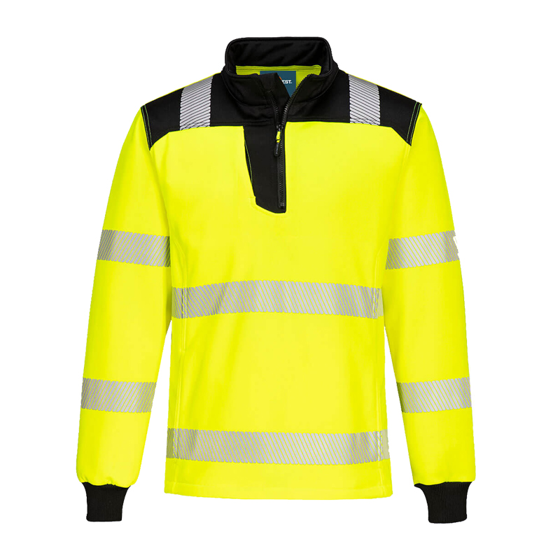 PortWest PW326 Warnschutz Sweat Shirt Klasse 3 mit 1/4 Zip in Gelb, schwarze Schulterpartie und umlaufende Reflexstreifen für hohe Sichtbarkeit