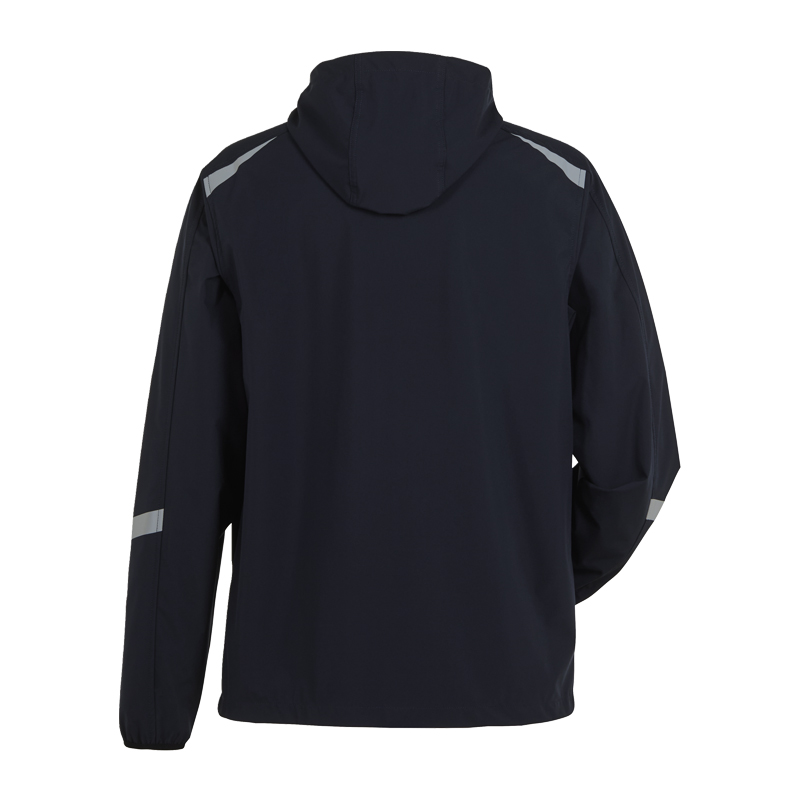 Rückenansicht der Planam leichten Strato Jacke mit Kapuze und Reflex in Dunkelblau mit reflektierenden Details an Schultern und Ärmeln.