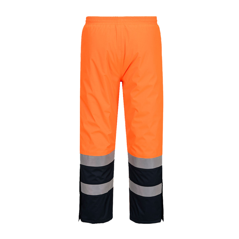 PortWest Warnschutzhose in Orange und Marineblau mit umlaufenden Reflexstreifen an den Beinen für hohe Sichtbarkeit