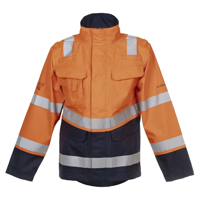 HydroWear Warnschutzjacke in Orange und Marineblau mit silbernen Reflexstreifen, hoher Kragen und Fronttaschen