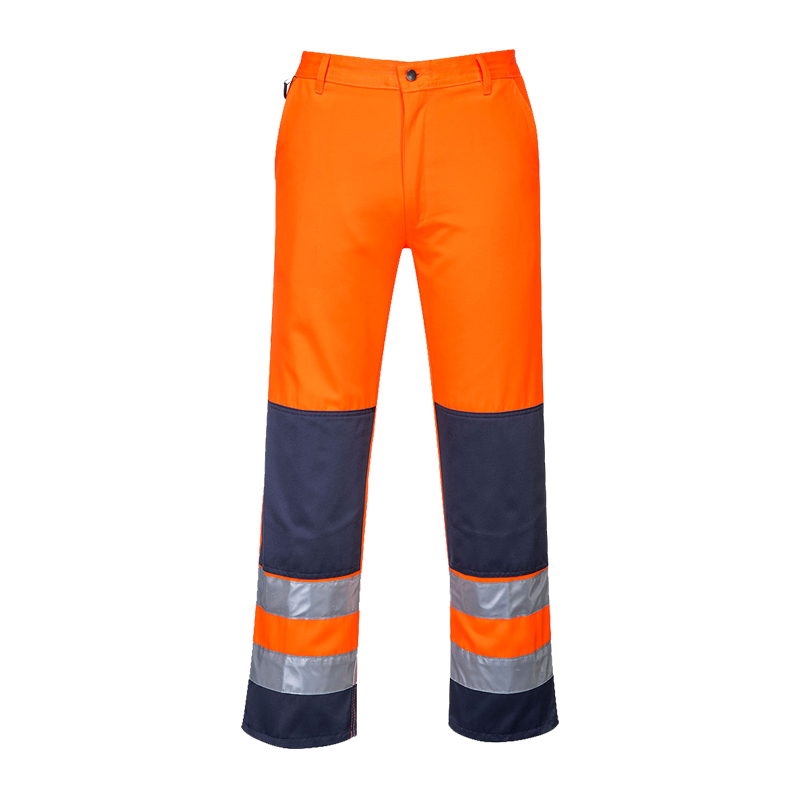 PortWest Warnschutzhose in Orange und Marineblau mit reflektierenden Streifen an den Beinen, robuste Arbeitskleidung mit hoher Sichtbarkeit