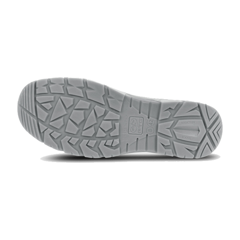 Unteransicht der grauen, profilierten Laufsohle der FTG Gravity S1PS ESD Sicherheitssandale aus der Dynamic Line