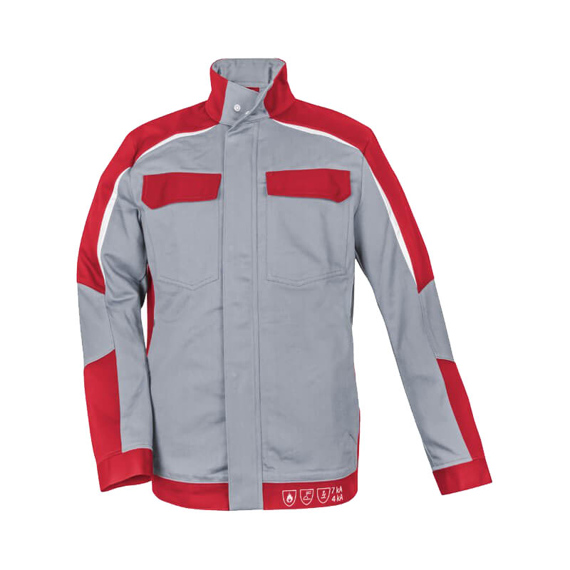 HB ArcSelect MultiNorm Jacke 4 kA + 7 kA | APC2 von HB Protective Wear, grau-rote Schutzjacke mit Stehkragen und Brusttaschen, Vorderansicht
