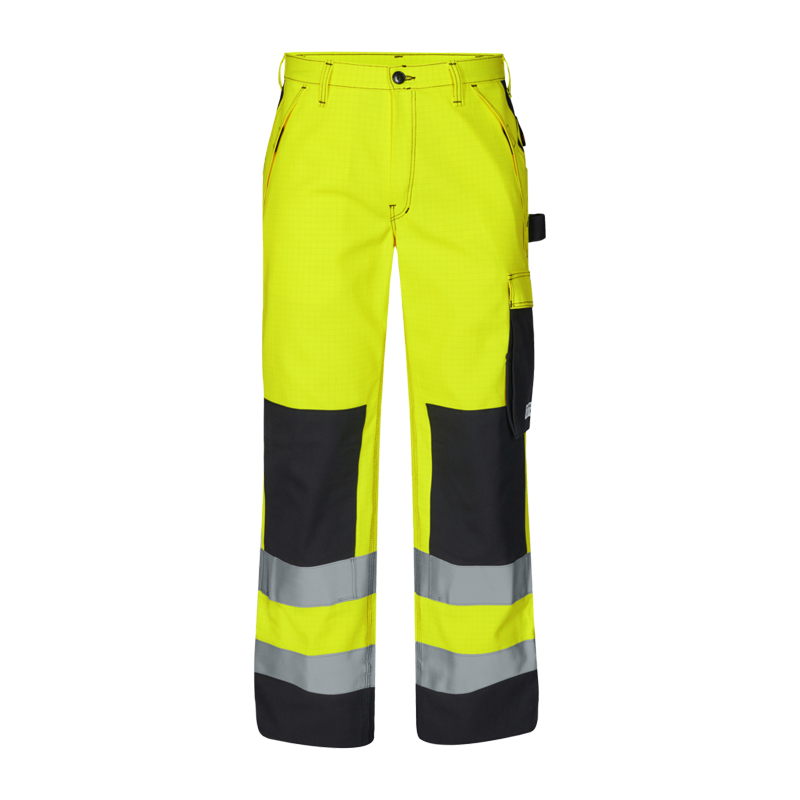 Neon-gelbe Warnschutzhose mit schwarzen Knieverstärkungen, Seitentasche und silbernen Reflexstreifen an den Beinen