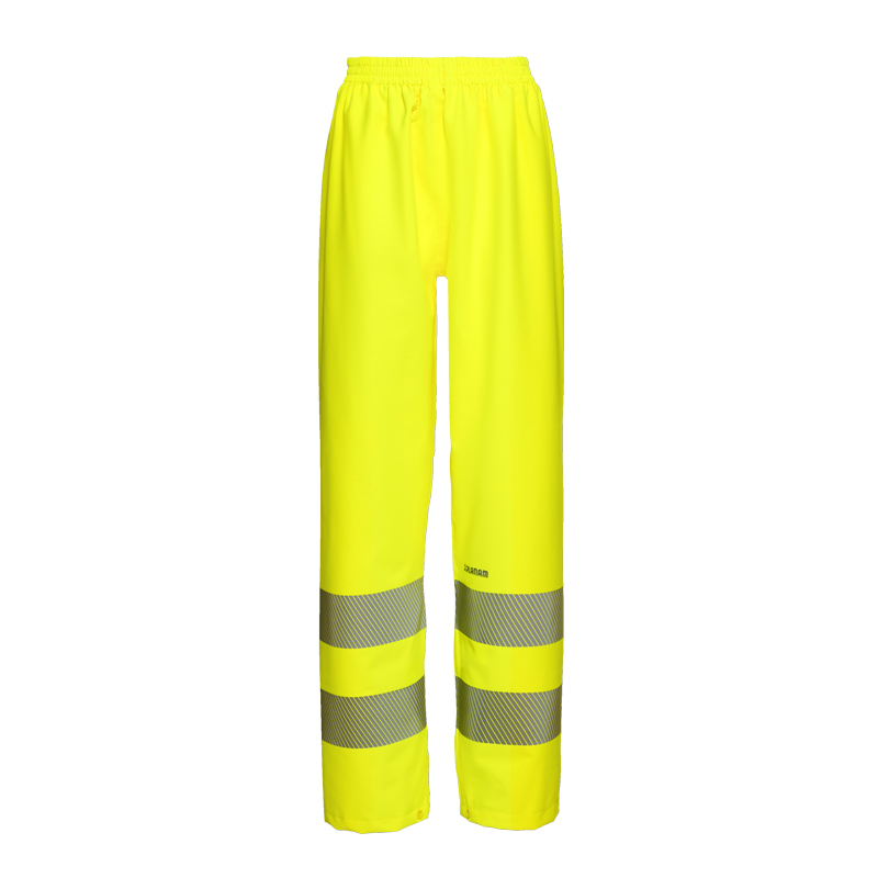 Planam Warnschutzhose in leuchtendem Neon-Gelb mit breiten umlaufenden Reflexstreifen an den Beinen, ideal für hohe Sichtbarkeit bei der Arbeit