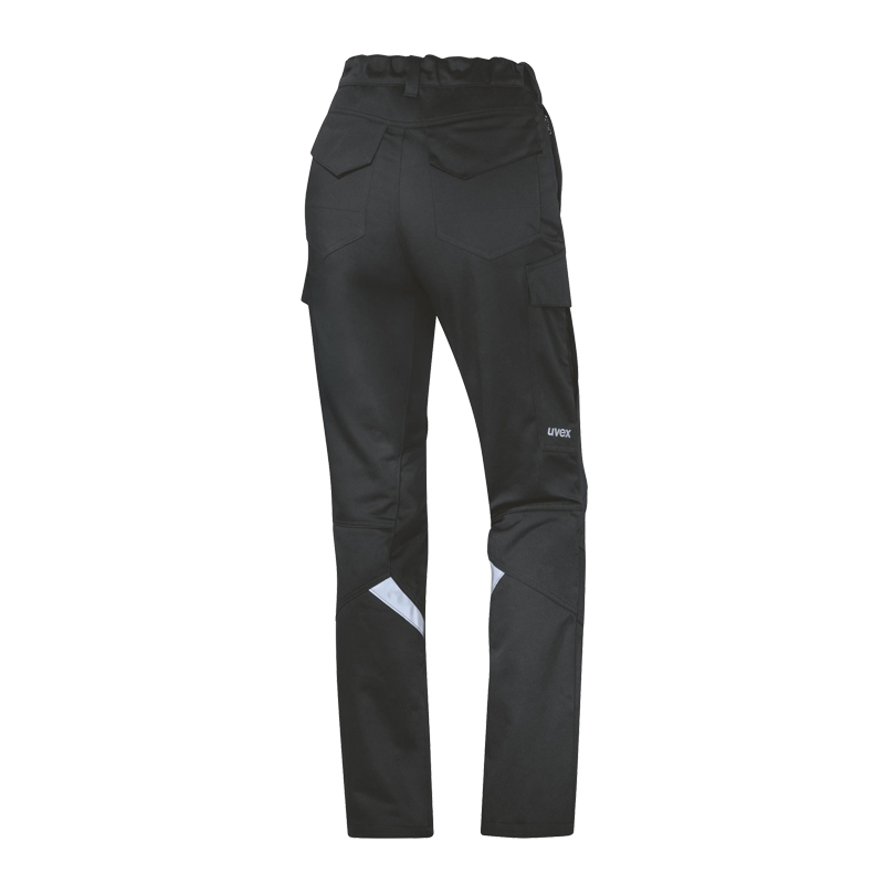 Rückansicht der Uvex suXXeed Arc Damen MultiNorm Hose 4 kA + 7 kA APC2 in Schwarz mit Gesäßtaschen, Beintasche und Reflexeinsätzen.