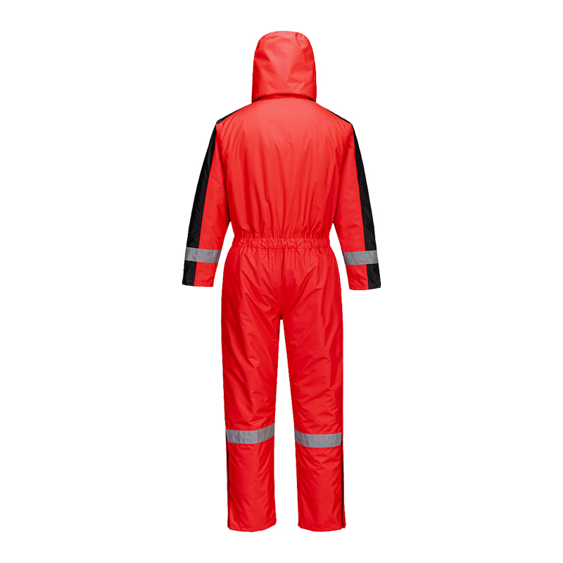 PortWest Schutzoverall mit Kapuze in Rot-Schwarz, Rückansicht, wasserabweisender Einteiler mit Reflexstreifen an Armen und Beinen
