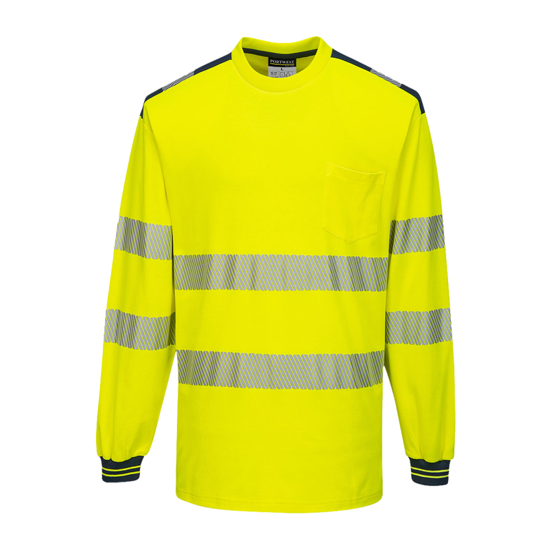 PortWest Warnschutz-Langarmshirt in leuchtendem Gelb mit reflektierenden Streifen an Brust, Bauch und Ärmeln sowie Brusttasche