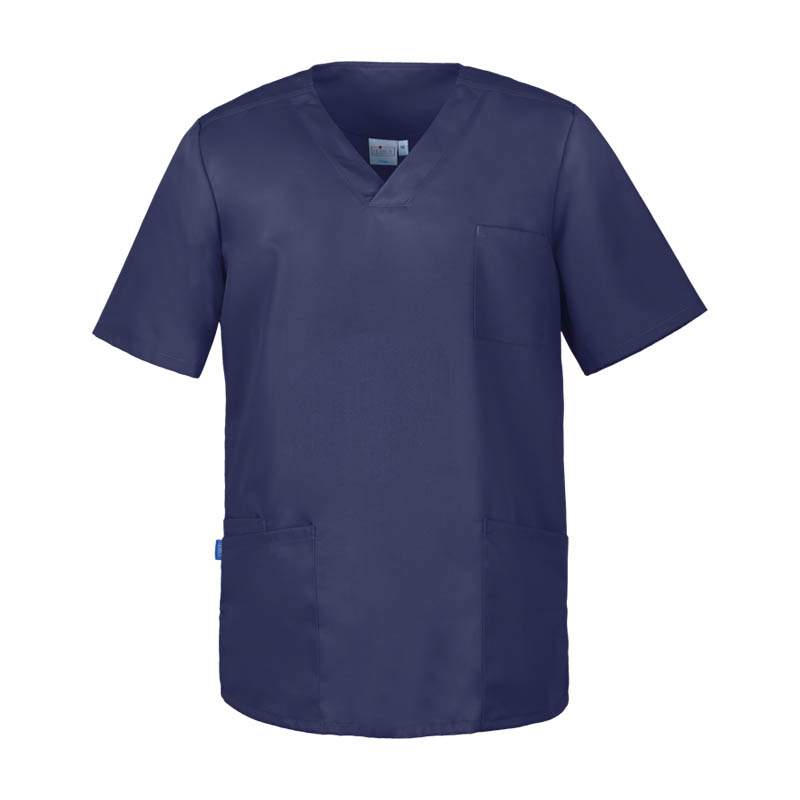 Leiber Kasack in Navy, kurzarm mit V-Ausschnitt, Brusttasche und zwei großen Seitentaschen, ideal für Pflege, Medizin und Praxis