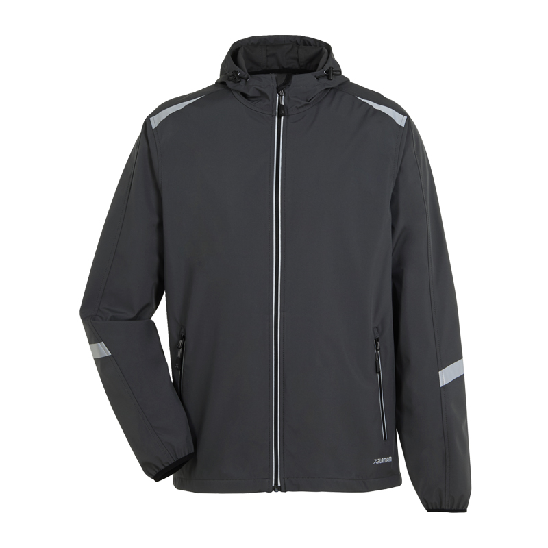 Planam leichte Strato Jacke mit Kapuze und Reflex, anthrazite Arbeitsjacke mit Reißverschluss, Kapuze und reflektierenden Details, Frontansicht