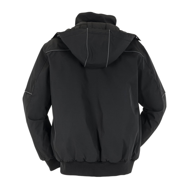 Rückansicht des schwarzen Planam Plane Blouson gefüttert mit Kapuze, robuste Arbeitsjacke mit reflektierenden Details