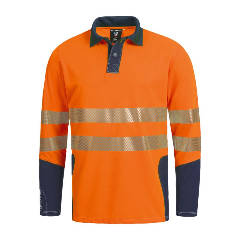 HB Protective Wear HB MODarc & vis MultiNorm Polo-Shirt langarm 4 kA | APC1, orange Warnschutz-Polo mit dunkelblauen Einsätzen und Reflexstreifen