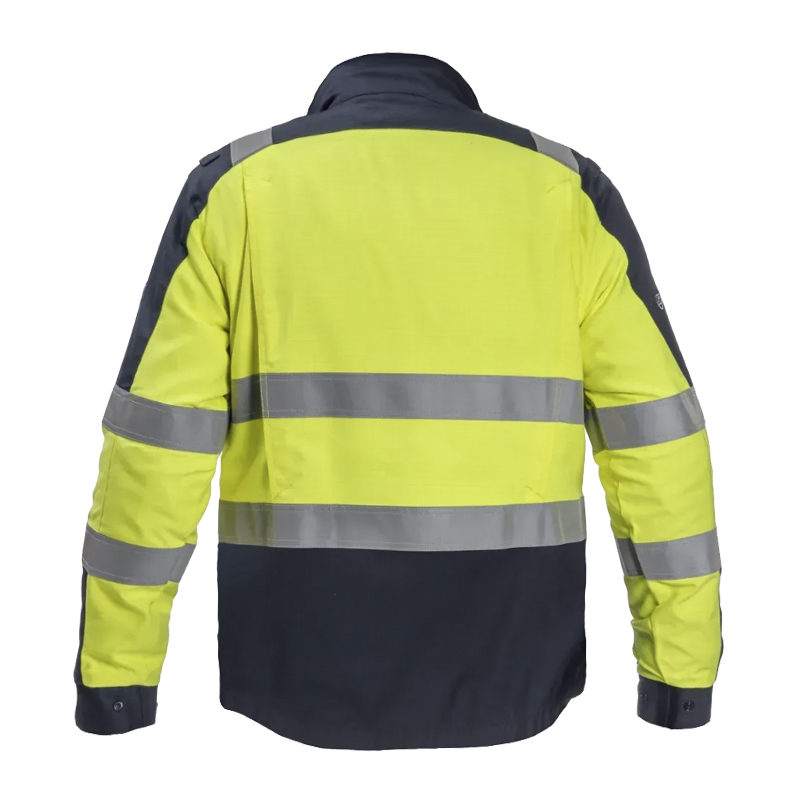 Rückenansicht einer HydroWear Warnschutzjacke in Gelb und Marineblau mit umlaufenden Reflexstreifen an Rücken und Ärmeln