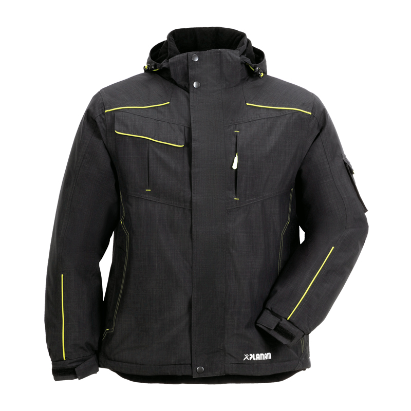 Planam Neon Jacke Wetterschutz mit Neon Applikationen in Schwarz, funktionale Arbeitsjacke mit Kapuze und gelben Neon-Details
