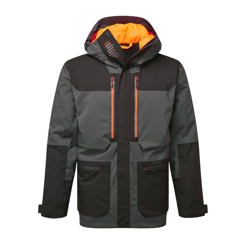 PortWest Arbeitsjacke mit Kapuze in Schwarz-Anthrazit, orangefarbenem Innenfutter und Reißverschlüssen, robuste Outdoor- und Berufsjacke mit mehreren Taschen