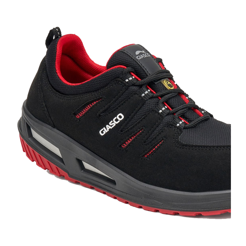 Giasco 3Move ESD Fox ergonomischer S3 Sicherheitsschuh in Schwarz-Rot, metallfrei mit ESD-Schutz und dämpfender 3MOVE-Laufsohle