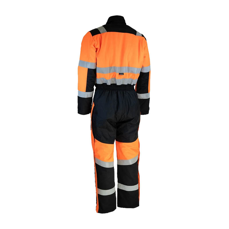 Rückansicht des Dimex 6203R Warnschutz Winter Overalls Klasse 3 nach EN 342 in Orange-Schwarz mit Reflexstreifen