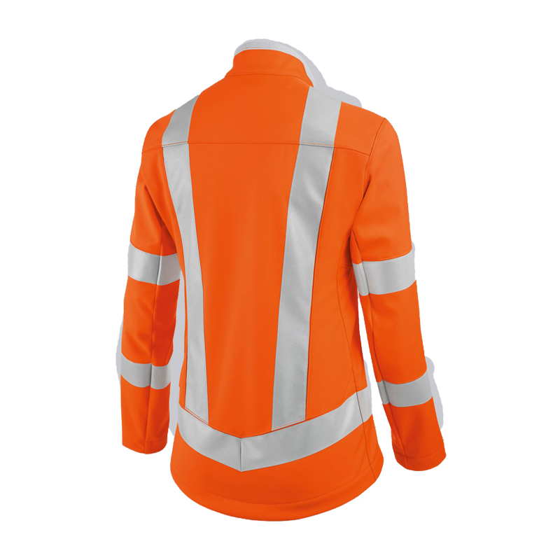 Rückansicht einer orangefarbenen Warnschutzjacke mit silbernen Reflexstreifen an Rücken und Ärmeln