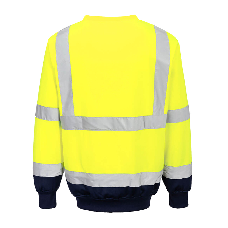 Rückansicht eines PortWest Warnschutz-Sweatshirts in Gelb und Marineblau mit silbernen Reflexstreifen und langen Ärmeln