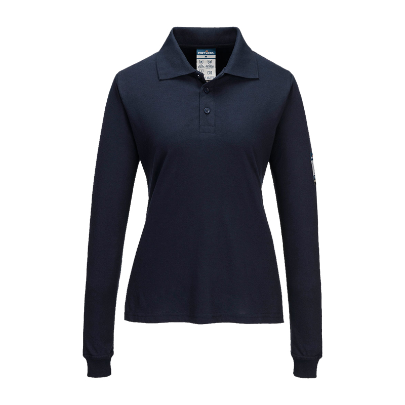 PortWest FR758 Damen MultiNorm Polo-Shirt in Navy, langärmeliges, inhärent flammhemmendes Arbeits-Polo mit Kragen für hitzeexponierte Industriearbeitsplätze
